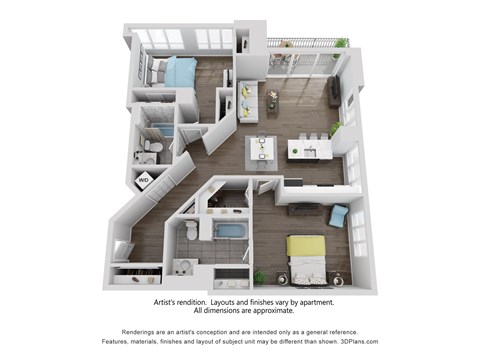 Floor plan for 2 beds, 2 baths, 1250 sqft